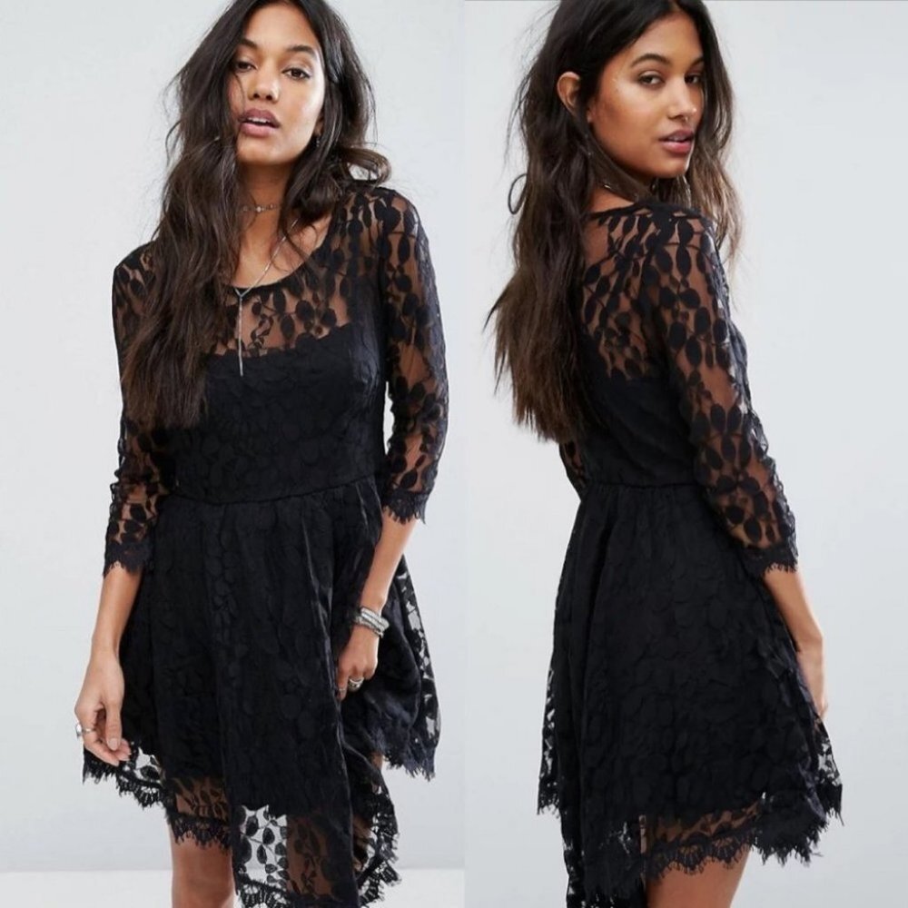 Free People Black Floral Lace Eyelet Dress Size 0 Sheer Floral Bohemian Mini